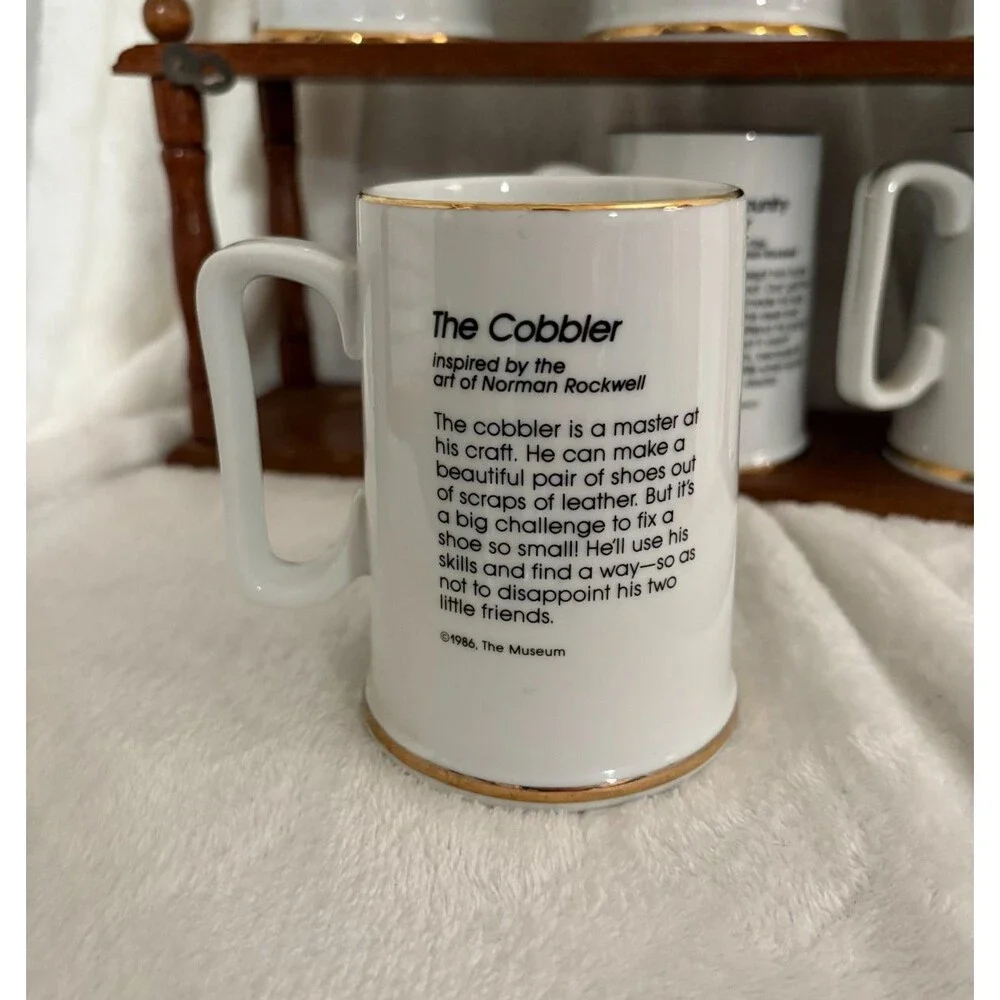 Vintage Norman Rockwell 1985-86 Mugs & Wooden Holder